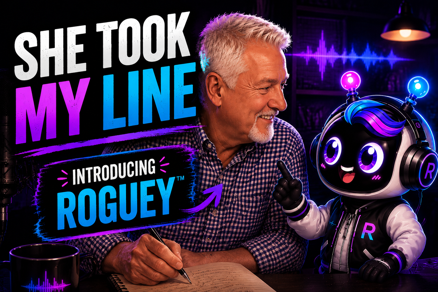 Episode 0 thumbnail featuring Alex Golden and Roguey™ with the words “She Took My Line” and “Introducing Roguey”