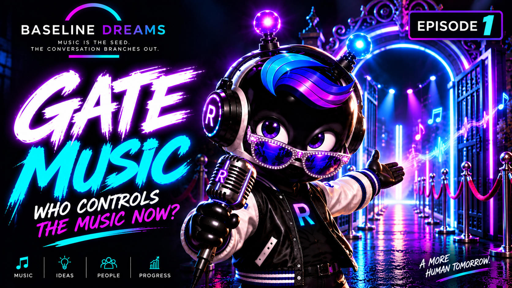 Episode 1 thumbnail featuring Roguey™ at a microphone with the words “Gate Music” and “Who Controls the Music Now?”