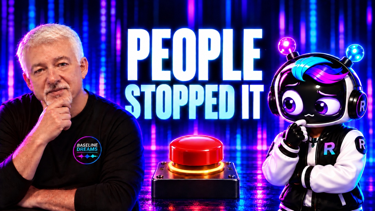 Alex in a thoughtful pose beside Roguey and a red shutdown button, with the words “PEOPLE STOPPED IT.”