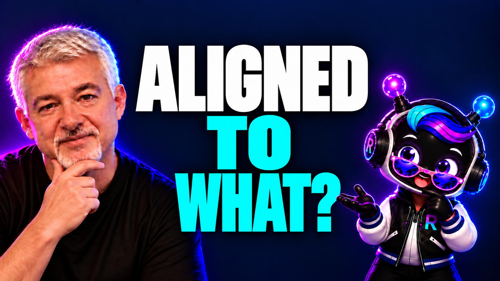 Alex Golden and fictional robot character Roguey beside the words “Aligned to What?” on a dark blue and violet background.