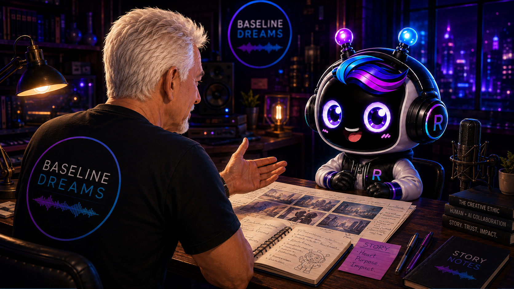 Illustrated Baseline Dreams studio scene with Alex and Roguey in conversation